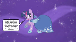 Size: 2348x1321 | Tagged: safe, derpibooru import, edit, edited screencap, screencap, twilight sparkle, unicorn twilight, pony, unicorn, g4, suited for success, clothes, dress, female, gala dress, mare, speech bubble, talking to viewer