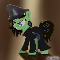 Size: 1000x1000 | Tagged: safe, artist:lunarglaze, derpibooru import, oc, oc only, oc:dolores, pony, unicorn, base used, clothes, coat, dark background, glasses, gun, hat, horn, magic, solo, telekinesis, weapon