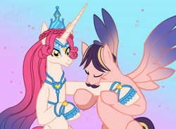 Size: 4496x3300 | Tagged: safe, artist:kelseyleah, derpibooru import, princess amore, oc, oc:crescendo celestine, pegasus, pony, unicorn, horn, kissing, male, stallion