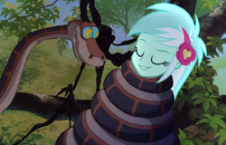 Size: 1280x817 | Tagged: safe, artist:tyriuskishayinew16, derpibooru import, edit, edited screencap, screencap, lyra heartstrings, human, snake, equestria girls, g4, coils, cute, duo, eyes closed, female, forest, grin, hairband, hypno eyes, hypnosis, hypnotized, jungle, kaa, kaa eyes, looking at each other, looking at someone, lyrabetes, male, nature, shitposting, sleeping, smiling, smiling at each other, tree, wrapped snugly, wrapped up