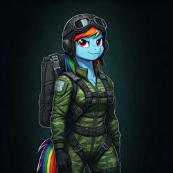 Size: 1024x1024 | Tagged: safe, ai content, derpibooru import, machine learning generated, rainbow dash, anthro, g4, clothes, cosplay, costume, female, g.i. joe, generator:google imagen 3.0, gloves, goggles, gradient background, harness, helmet, military uniform, paratrooper, prompter:zerowinger, ripcord, smiling, smirk, solo, uniform