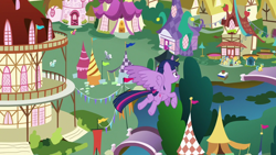 Size: 1280x720 | Tagged: safe, derpibooru import, screencap, atomic crystal, beta particle, bigger jim, cherry berry, fluttershy, lemon chiffon, lemon hearts, neighls bohr, plunkett, royal riff, salt water, twilight sparkle, twilight sparkle (alicorn), winter wisp, alicorn, earth pony, pony, unicorn, fame and misfortune, g4, season 7, bridge, flying, horn, ponyville, ponyville town hall, river, water