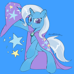 Size: 4096x4096 | Tagged: safe, artist:metaruscarlet, derpibooru import, trixie, pony, unicorn, g4, bipedal, blue background, cape, clothes, female, grin, hat, horn, looking at you, mare, raised hoof, raised leg, simple background, smiling, solo, trixie's cape, trixie's hat