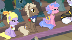 Size: 1280x720 | Tagged: safe, derpibooru import, screencap, lyrica lilac, orion, perfect pace, pokey pierce, regal candent, royal ribbon, sealed scroll, soigne folio, earth pony, pony, unicorn, g4, rarity takes manehattan, background pony audience, bowtie, clothes, ear piercing, earring, flower, horn, jewelry, necklace, necktie, piercing, rose, saddle, scarf, shooting star (g4), sitting, tack