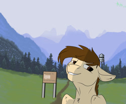 Size: 979x816 | Tagged: safe, artist:aegishailstorm, derpibooru import, oc, oc only, oc:aegis hailstorm, pegasus, chest fluff, fog, looking at you, male, mountain, mountain range, pine tree, sign, stallion, tree, water tower