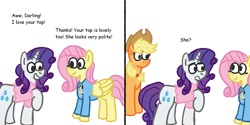 Size: 2000x1000 | Tagged: safe, artist:zoeyhorse, derpibooru import, applejack, fluttershy, rarity, earth pony, pegasus, pony, unicorn, g4, 2 panel comic, bluey, clothes, comic, dialogue, female, horn, implied lesbian, implied rarijack, implied shipping, innuendo, mare, open mouth, open smile, shirt, simple background, smiling, trio, trio female, white background