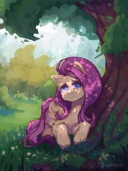 Size: 2131x2833 | Tagged: safe, artist:superkiiisa, derpibooru import, fluttershy, pegasus, pony, g4, dappled sunlight, lightly watermarked, looking at you, solo, tree, under the tree, watermark