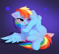 Size: 4096x3721 | Tagged: safe, artist:empress-twilight, derpibooru import, rainbow dash, pegasus, pony, g4, belly, belly button, blushing, butt, chest fluff, cute, dashabetes, dock, ear fluff, ears, featureless crotch, female, fluffy, mare, one eye closed, plot, solo, spread wings, stretching, tail, tongue, tongue out, underhoof, wings