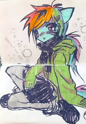 Size: 2827x4096 | Tagged: safe, artist:ieatedyuripizza, derpibooru import, rainbow dash, anthro, g4, blushing, solo, traditional art