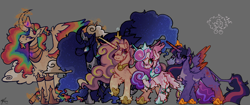 Size: 4096x1714 | Tagged: safe, artist:mercedeskenny, derpibooru import, princess cadance, princess celestia, princess flurry heart, princess luna, twilight sparkle, twilight sparkle (alicorn), alicorn, pony, g4, alicorn tetrarchy, alternate design, coat markings, colored wings, curved horn, facial markings, female, gradient wings, high res, horn, leonine tail, mare, multicolored hair, older, older flurry heart, pale belly, rainbow hair, snip (coat marking), spread wings, tail, wings