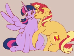 Size: 1440x1096 | Tagged: safe, artist:broniesforponies, derpibooru import, sunset shimmer, twilight sparkle, twilight sparkle (alicorn), alicorn, pony, unicorn, g4, female, horn, lesbian, mare, old art, shipping, simple background, smooch, sunsetsparkle, yellow background