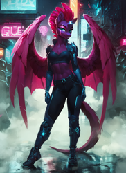 Size: 1024x1408 | Tagged: safe, ai content, derpibooru import, generator:pony diffusion v6 xl, generator:stable diffusion, machine learning generated, tempest shadow, anthro, cyborg, plantigrade anthro, unicorn, g4, broken horn, cyberpunk, dragon tail, female, full body, horn, prompter:star-dragon, science fiction, solo, spread wings, tail, wings