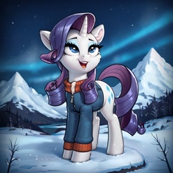 Size: 1024x1024 | Tagged: safe, ai content, derpibooru import, generator:pony diffusion v6 xl, generator:stable diffusion, machine learning generated, rarity, g4, clothes, mountain, prompter:thelight3d, snow, winter