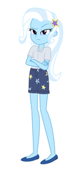 Size: 2500x5200 | Tagged: safe, alternate version, artist:moogood, derpibooru import, part of a set, trixie, human, equestria girls, g4, ballet flats, clothes, crossed arms, dissatisfied, female, frown, hairclip, high res, looking at you, outfit, png, shirt, shoes, shorts, simple background, solo, standing, trixie is not amused, unamused, vector, white background