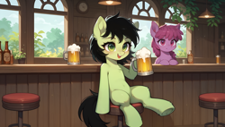 Size: 3840x2176 | Tagged: safe, ai content, derpibooru import, machine learning generated, berry punch, berryshine, oc, oc:anon filly, earth pony, pony, g4, alcohol, bar, barstool, beer, bottle, drink, female, filly, foal, generator:tponynai3, prompter:truekry, sitting, underaged drinking, wallpaper