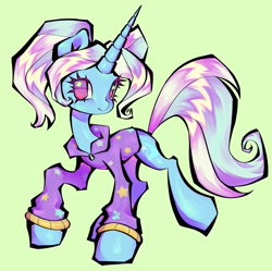 Size: 1440x1432 | Tagged: safe, artist:broniesforponies, derpibooru import, trixie, pony, unicorn, g4, alternate hairstyle, babysitter trixie, clothes, female, gameloft, green background, hoodie, horn, mare, my little pony: magic princess, pigtails, simple background, smiling, solo, twintails