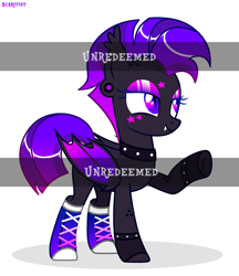 Size: 2300x2666 | Tagged: safe, artist:scarffist, derpibooru import, oc, oc only, bat pony, pony, base used, bat ears, bat eyes, bat pony oc, bat wings, bracelet, clothes, collar, colored wings, converse, cute, dark skin, ear piercing, eyeshadow, gradient wings, hairstyle, happy, jewelry, long hair, long mane, makeup, mohawk, piercing, punk, purple eyes, purple hair, purple mane, retrowave, shoes, short tail, simple background, smiling, solo, stars, tail, watermark, white background, wings