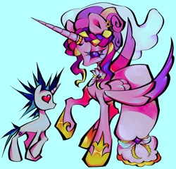 Size: 1440x1381 | Tagged: safe, artist:broniesforponies, derpibooru import, princess cadance, shining armor, alicorn, unicorn, g4, blue background, female, horn, male, meme, shiningcadance, shipping, simple background, straight, the bride and the ugly ass groom