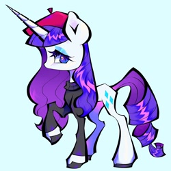 Size: 2048x2048 | Tagged: safe, artist:broniesforponies, derpibooru import, rarity, pony, unicorn, g4, beatnik rarity, beret, clothes, female, full body, hat, horn, mare, raised hoof, raised leg, solo, sweater