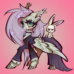 Size: 2048x2048 | Tagged: safe, artist:broniesforponies, derpibooru import, angel bunny, fluttershy, pegasus, pony, rabbit, g4, animal, clothes, ear piercing, fluttergoth, gradient background, piercing, smiling