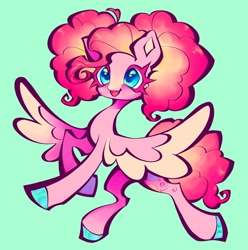 Size: 1440x1454 | Tagged: safe, artist:broniesforponies, derpibooru import, pinkie pie, pegasus, pony, g4, alternate design, blue background, cyan background, pegasus pinkie pie, race swap, simple background, smiling, solo