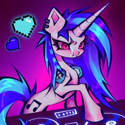 Size: 2048x2048 | Tagged: safe, artist:broniesforponies, derpibooru import, dj pon-3, vinyl scratch, pony, g4, dj booth, female, mare, pixel heart, smiling, solo