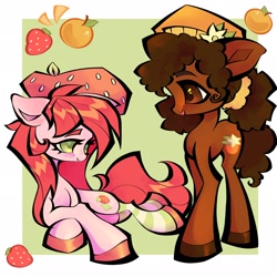 Size: 2048x2048 | Tagged: safe, artist:broniesforponies, derpibooru import, earth pony, pony, afro hair, afro mane, afro tail, brown coat, brown eyes, brown fur, brown hooves, curly hair, curly mane, curly tail, duo, duo female, female, food, lying down, mare, orange, orange blossom (strawberry shortcake), pigtails, ponified, prone, species swap, strawberry, strawberry shortcake, strawberry shortcake (character), tail, twintails, two toned background