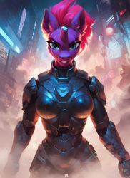 Size: 1024x1408 | Tagged: safe, ai content, derpibooru import, generator:pony diffusion v6 xl, generator:stable diffusion, machine learning generated, tempest shadow, anthro, unicorn, g4, armor, broken horn, cyberpunk, female, horn, prompter:star-dragon, science fiction, solo