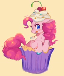 Size: 2340x2752 | Tagged: safe, artist:kuzoux, derpibooru import, pinkie pie, earth pony, pony, g4, :p, cupcake, female, food, mare, simple background, solo, tongue, tongue out, yellow background