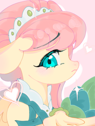 Size: 1080x1440 | Tagged: safe, artist:meijiangu, derpibooru import, fluttershy, pegasus, pony, g4, blushing, clothes, crown, dress, female, heart, jewelry, mare, modelshy, regalia, solo