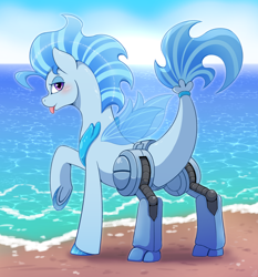 Size: 1400x1500 | Tagged: safe, artist:vavacung, derpibooru import, oc, oc only, seapony (g4), beach, blue mane, blue skin, dorsal fin, fin, fin wings, fins, fish tail, lidded eyes, looking at you, looking back, ocean, raised tail, robotic legs, scales, solo, tail, tongue, tongue out, water, wings