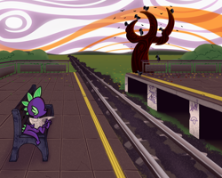 Size: 3000x2400 | Tagged: safe, artist:mafon, derpibooru import, spike, bird, crow, dragon, g4, autumn, bench, leaves, newspaper, reading, sitting, solo, train station, train tracks, tree