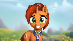 Size: 7680x4320 | Tagged: safe, ai content, derpibooru import, machine learning generated, stellar flare, pony, unicorn, g4, blurry background, clothes, female, grass, grass field, grin, high res, horn, jewelry, looking at you, mare, necklace, outdoors, prompter:bluetoothworld, sky, smiling, smiling at you, solo