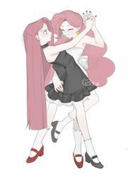 Size: 3000x4000 | Tagged: safe, artist:aki, derpibooru import, pinkie pie, human, g4, clothes, dancing, dress, eyes closed, frown, grin, humanized, pinkamena diane pie, self paradox, smiling