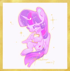 Size: 1318x1341 | Tagged: safe, artist:hc-yhccz, derpibooru import, twilight sparkle, twilight sparkle (alicorn), alicorn, pony, g4, eyes closed, female, mare, passepartout, smiling, sparkles, text