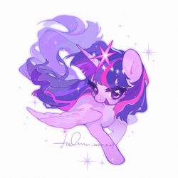 Size: 2048x2048 | Tagged: safe, artist:hc-yhccz, artist:hc923__free, derpibooru import, twilight sparkle, twilight sparkle (alicorn), alicorn, pony, g4, cute, female, long mane, mare, open mouth, signature, simple background, smiling, solo, sparkles, spread wings, text, white background, wings