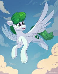 Size: 2043x2604 | Tagged: safe, artist:skysorbett, derpibooru import, oc, oc only, oc:mintfeather, pegasus, pony, cloud, flying, male, pegasus oc, sky, solo, spread wings, stallion, wings