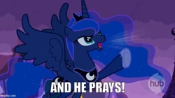 Size: 666x374 | Tagged: safe, derpibooru import, edit, edited screencap, screencap, princess luna, alicorn, pony, g4, luna eclipsed, season 2, caption, fabulous secret powers, female, he-man, heyyeyaaeyaaaeyaeyaa, hub logo, image macro, imgflip, logo, mare, song reference, text, the hub