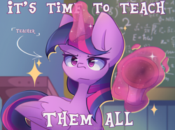 Size: 2250x1677 | Tagged: safe, artist:miryelis, derpibooru import, twilight sparkle, twilight sparkle (alicorn), alicorn, pony, g4, top bolt, airhorn, big ears, chalkboard, ears, female, magic, mare, serious, solo, sparkles, teacher, telekinesis, text