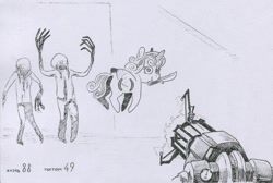 Size: 1224x823 | Tagged: safe, artist:adeptus-monitus, derpibooru import, princess flurry heart, alicorn, pony, undead, zombie, g4, gravity gun, half-life, headcrab, headcrab zombie, hud, knife, monochrome, mouth hold, offscreen character, pov, traditional art