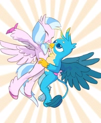 Size: 2007x2465 | Tagged: safe, artist:高纯度灰, derpibooru import, gallus, silverstream, griffon, hippogriff, g4, blushing, duo, duo male and female, female, gallstream, hug, male, patterned background, shipping, smiling, straight, sunburst background