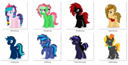 Size: 1138x576 | Tagged: safe, artist:oblivionfall, derpibooru import, oc, oc:aura skye, oc:cobalt, oc:ebon beck, oc:fire sugar, oc:kitty wish, oc:lead bread, oc:nocturnal love, oc:typewriter, changeling, pegasus, pony, unicorn, horn, simple background, white background