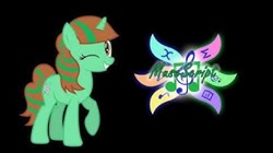 Size: 336x188 | Tagged: safe, artist:jhayarr23, artist:oblivionfall, derpibooru import, oc, oc:muse script, pony, unicorn, black background, horn, looking at you, one eye closed, simple background, solo, wink, winking at you