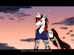 Size: 1236x927 | Tagged: safe, artist:michellethet-34, derpibooru import, oc, oc:blackjack, fallout equestria, fallout equestria: project horizons, clothes, cloud, fake screencap, fake screenshot, female, level 1 (project horizons), mare, smiling, solo, text