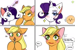 Size: 2560x1707 | Tagged: safe, artist:namelessplaza, derpibooru import, applejack, rarity, earth pony, pony, unicorn, g4, 4 panel comic, blushing, brush, comic, comic page, female, horn, magic, makeup, mare, meme, speech bubble, there was an attempt