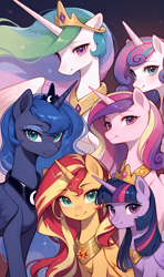 Size: 1664x2816 | Tagged: safe, ai content, derpibooru import, machine learning assisted, princess cadance, princess celestia, princess flurry heart, princess luna, sunset shimmer, twilight sparkle, twilight sparkle (alicorn), alicorn, pony, g4, alicorn pentarchy, alicornified, crown, female, generator:tponynai3, group photo, jewelry, looking at you, older, older flurry heart, phone wallpaper, prompter:truekry, race swap, regalia, shimmercorn