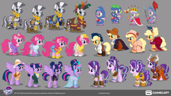 Size: 1920x1074 | Tagged: safe, artist:vladisfender, derpibooru import, applejack, pinkie pie, spike, starlight glimmer, twilight sparkle, zecora, alicorn, dragon, earth pony, pony, unicorn, zebra, g4, alternate hairstyle, behind the scenes, braid, braided tail, cheerleader pinkie, clothes, costume, cowboy hat, cowgirl, cowgirl outfit, dress, female, gameloft, hair bun, hat, helmet, horn, horned helmet, king spike, knight, mare, mohawk, movie accurate, my little pony: magic princess, party hat, peacock feathers, pigtails, pith helmet, rockstar sparkle, safari hat, shoes, show accurate, simple background, southern belle, tail, twintails, viking, viking helmet