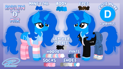 Size: 10240x5760 | Tagged: safe, artist:iamaveryrealperson, derpibooru import, oc, oc only, oc:"d", pony, unicorn, blue coat, blue mane, blue pony, brown eyes, closed mouth, clothes, colored, cutie mark, denim, eyelashes, female, gradient background, hoodie, horn, jacket, jeans, leather, leather jacket, long hair, long mane, long tail, mare, name, pants, pink socks, pocket, pockets, pride, pride flag, programming socks, reference, reference sheet, shoes, signature, socks, solo, standing, striped socks, tail, text, thigh highs, trans female, transgender, transgender oc, transgender pride flag, unicorn horn, unicorn oc, zipper