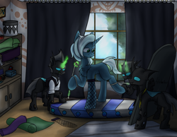 Size: 2673x2079 | Tagged: safe, artist:ashel_aras, derpibooru import, oc, oc only, changeling, pony, unicorn, among us, boutique, changeling oc, clothes, curtains, horn, not trixie, room, stockings, thigh highs, window