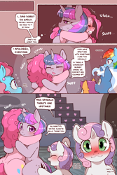 Size: 960x1440 | Tagged: safe, alternate version, artist:cold-blooded-twilight, derpibooru import, cup cake, pinkie pie, pokey pierce, rainbow dash, scootaloo, sweetie belle, twilight sparkle, earth pony, pegasus, unicorn, comic:cold storm, g4, awestruck, blushing, cold blooded twilight, comic, crush, crying, dialogue, female, filly, foal, horn, hug, male, mare, puppy love, speech bubble, stallion, thought bubble